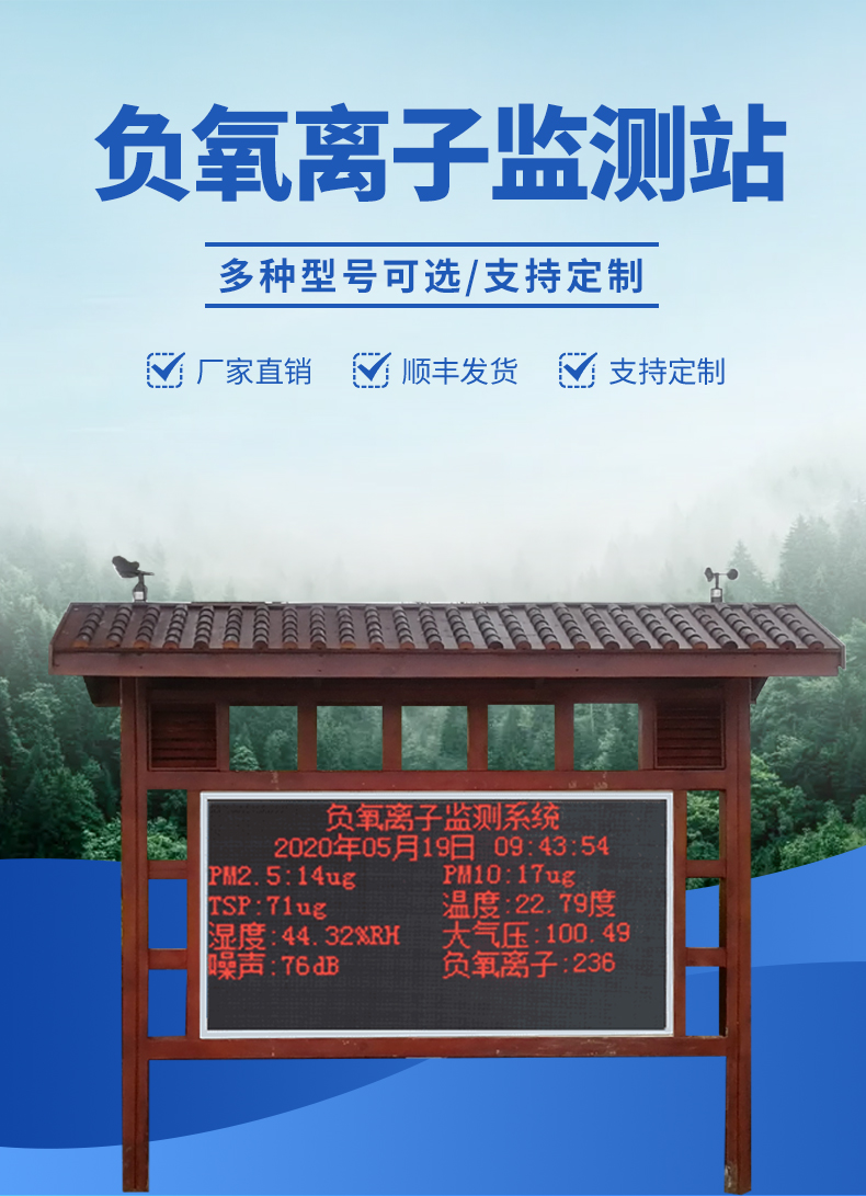 景區(qū)大屏負(fù)氧離子監(jiān)測站-實(shí)時(shí)顯示監(jiān)測數(shù)據(jù)，將負(fù)氧離子可視化